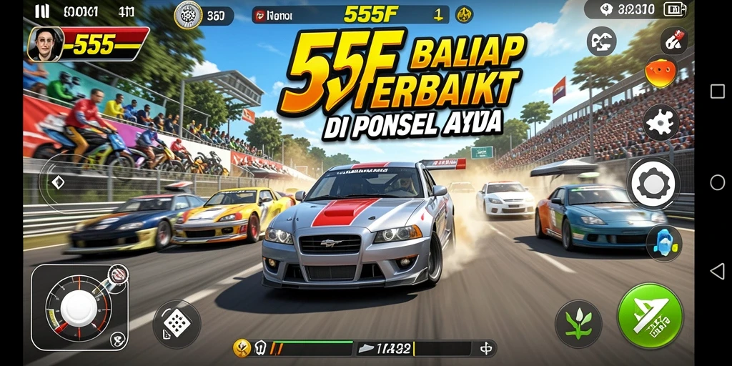 Gameplay balap mendebarkan di 555F dengan mobil kencang dan trek berliku.