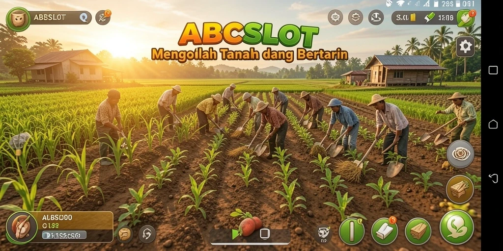 Tangkapan layar gameplay <strong>ABCSLOT</strong> menunjukkan ladang yang subur dan aktivitas bertani yang seru.
