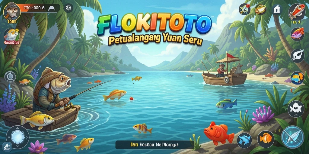 Screenshot gameplay FLOKITOTO menunjukkan aksi memancing yang seru.