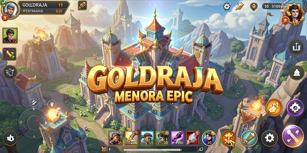 Screenshot dari gameplay seru GOLDRAJA yang menunjukkan menara bertahan melawan serangan musuh.