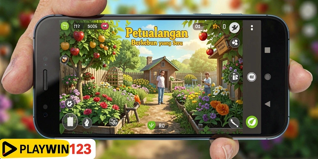 Screenshot gameplay PLAYWIN123 menampilkan suasana peternakan yang cerah dan penuh warna.