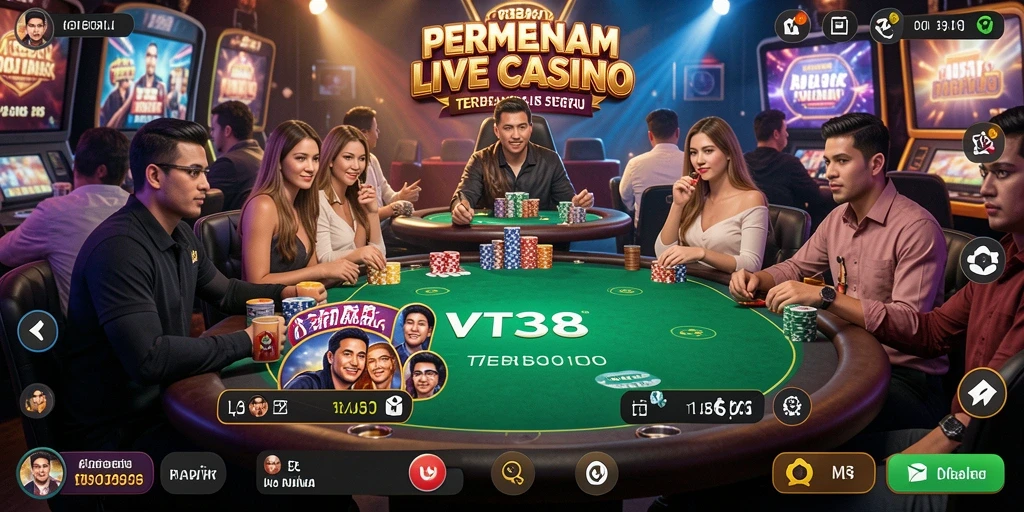 Tangkapan layar utama VT38 menunjukkan dealer yang ramah dan permainan kasino langsung yang menarik.